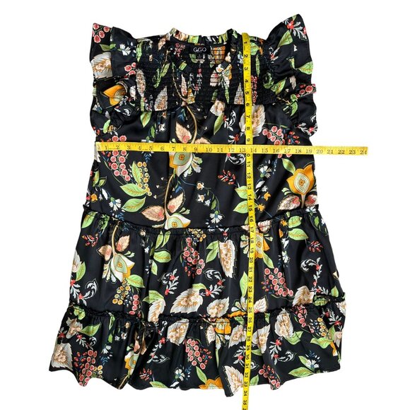 GiGiO USA Black Floral Ruffle Mini Dress Tiered Babydoll Sateen Fabric Small - Picture 11 of 11